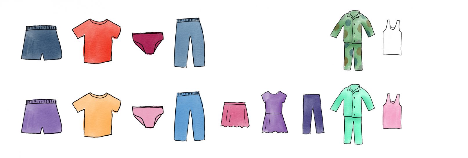 Illustrations of children's clothing items