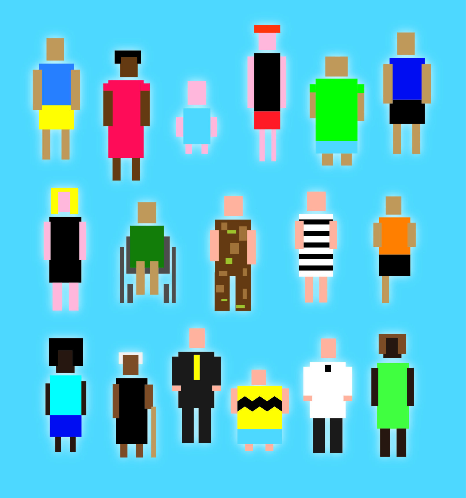 Variety of human figures made to look like 8-bit low resolution graphics