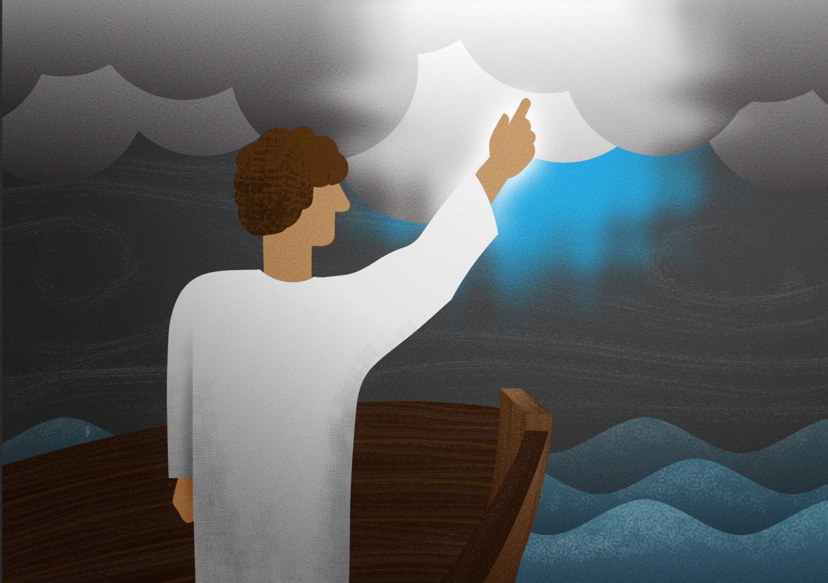 Man in a white robe, standing in a boat, points at storm clouds
