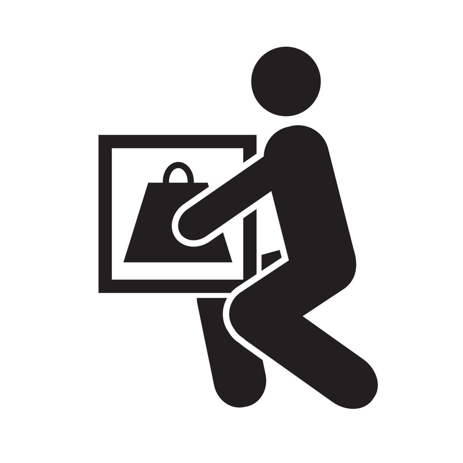 Stick figure with bent legs holding a box with a weight inside