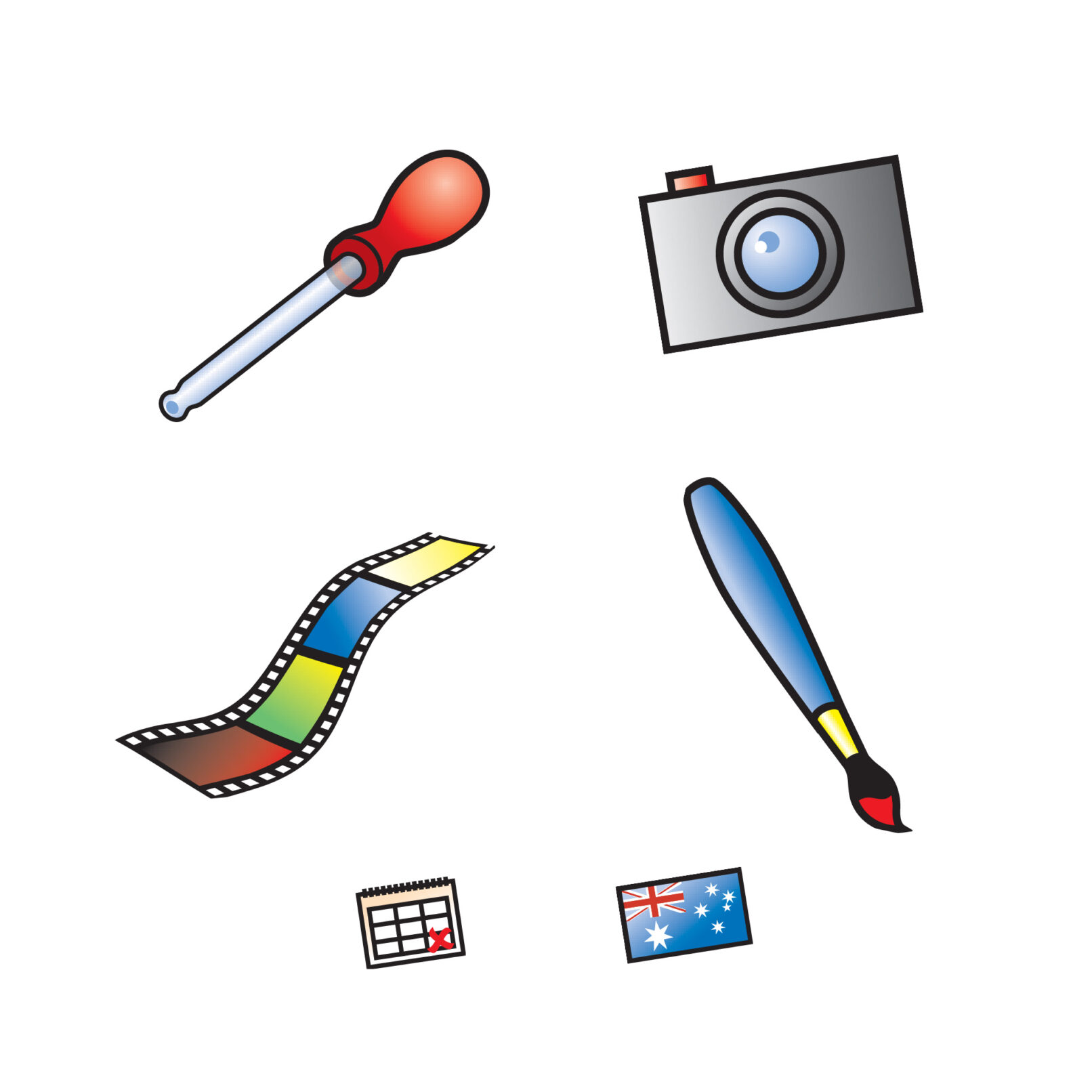 icons depicting eye dropper, camera, film strip, paint brush, calendar, and australian flag