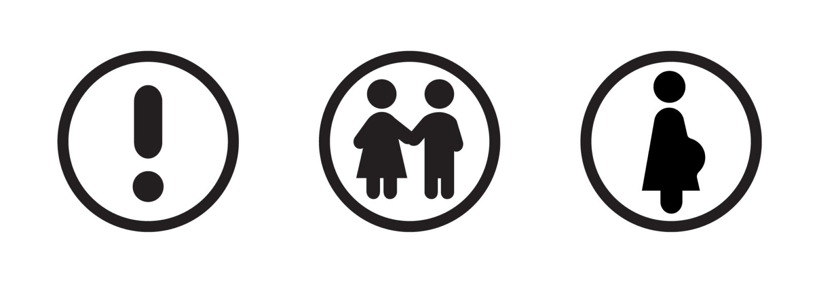 Three icons: exclamation point, two small children holding hands, pregnant woman