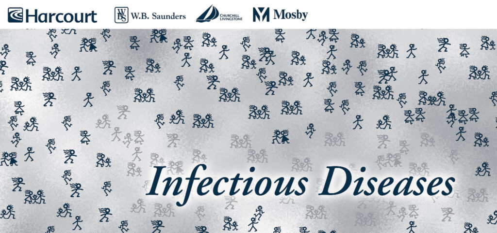 Infectious diseases titles brochure cover with numerous small stick figures, groups of whom are faded